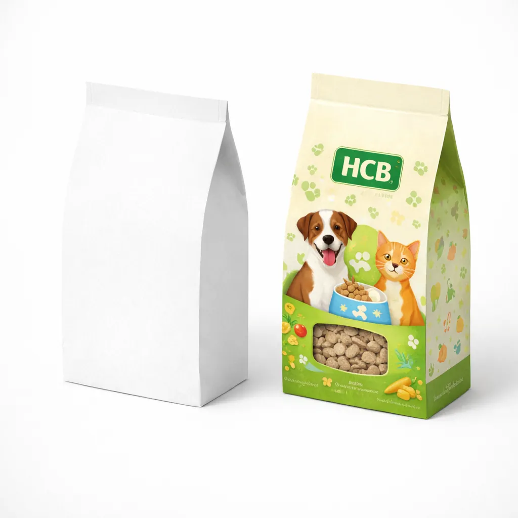 Two open corrugated cardboard mailer boxes, one plain white and one featuring vibrant pet-themed graphics. class=